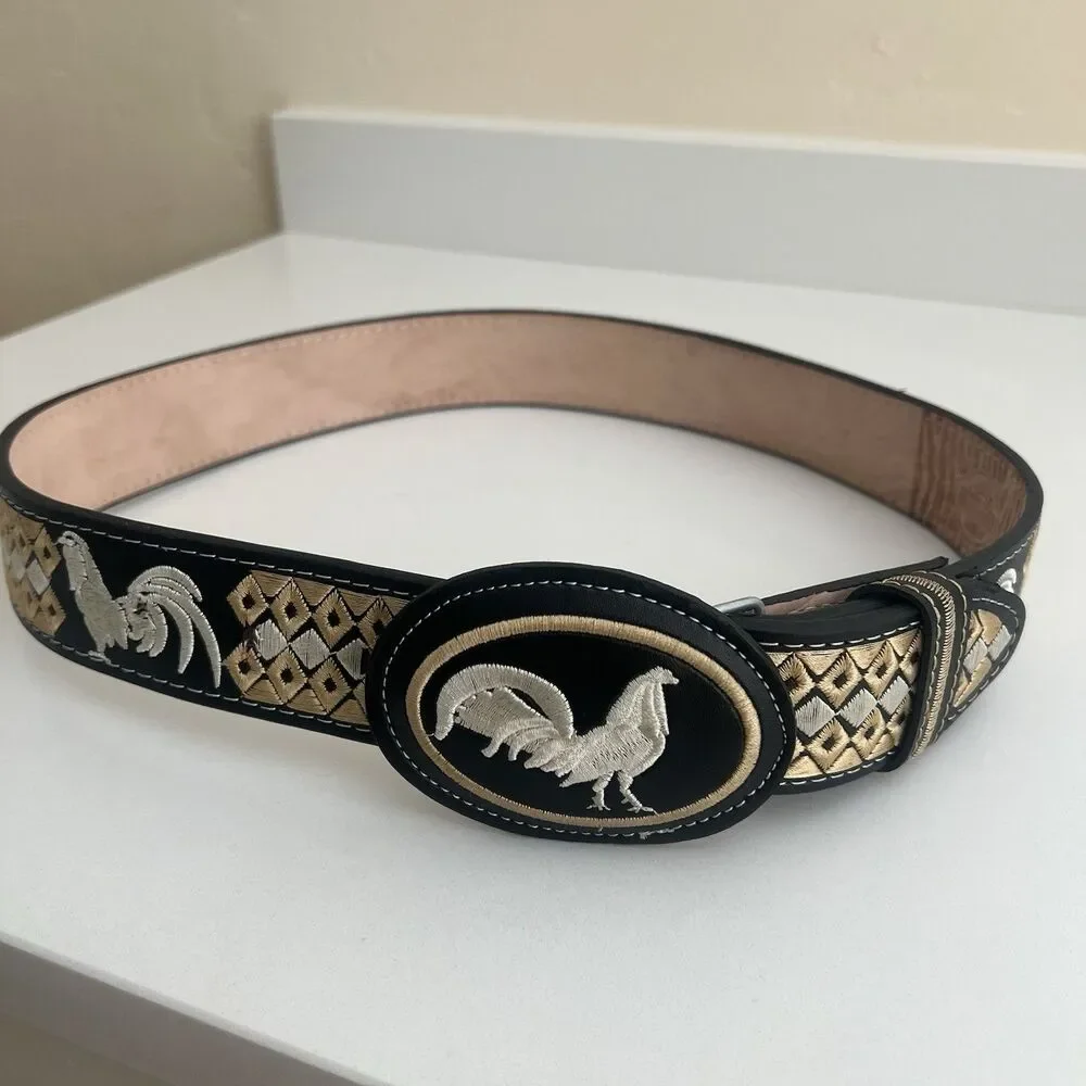 Mexican Piteado Rooster Gallo Embroidered Leather Belt Western Charro Size 38